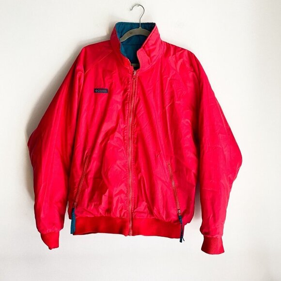 Vintage Columbia Reversible Red Teal men's Classic Nylon Bomber Jacket L - Picture 6 of 11